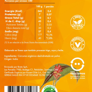 CURCUMA ORGANICA EN POLVO BROTA – 230 g