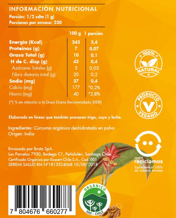 CÚRCUMA ORGÁNICA EN POLVO, BROTA - 230 g