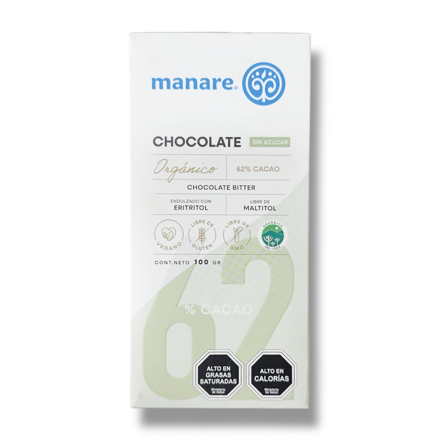 CHOCOLATE ORGÁNICO 62% CACAO, MANARE 100 g