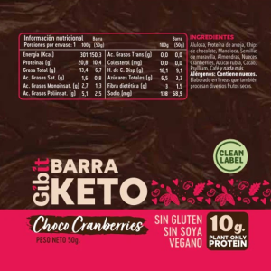BARRA KETO CHOCO CRANBERRIES GIBIT 45 G