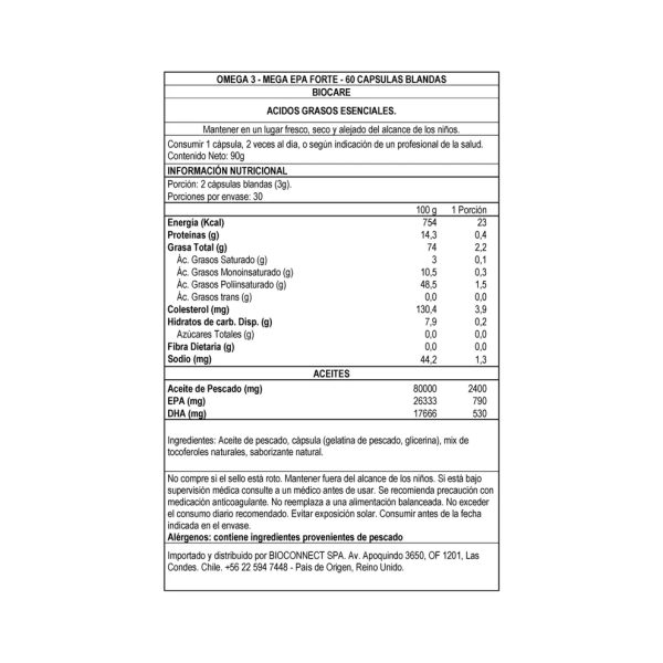 MEGA EPA FORTE - OMEGA 3 ACEITE DE PESCADO 60 CÁPSULAS, BIO CARE