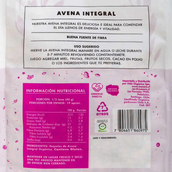 AVENA INTEGRAL ORGÁNICA 750g