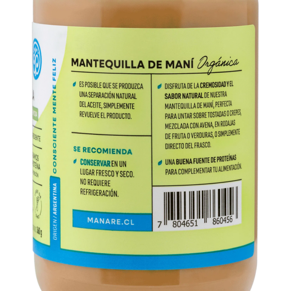 MANTEQUILLA DE MANÍ ORGÁNICA MANARE 360g