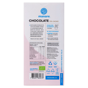 CHOCOLATE ORGÁNICO 70% CACAO ALMENDRA MANARE 100 g