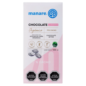 CHOCOLATE ORGÁNICO 70% CACAO ALMENDRA MANARE 100 g